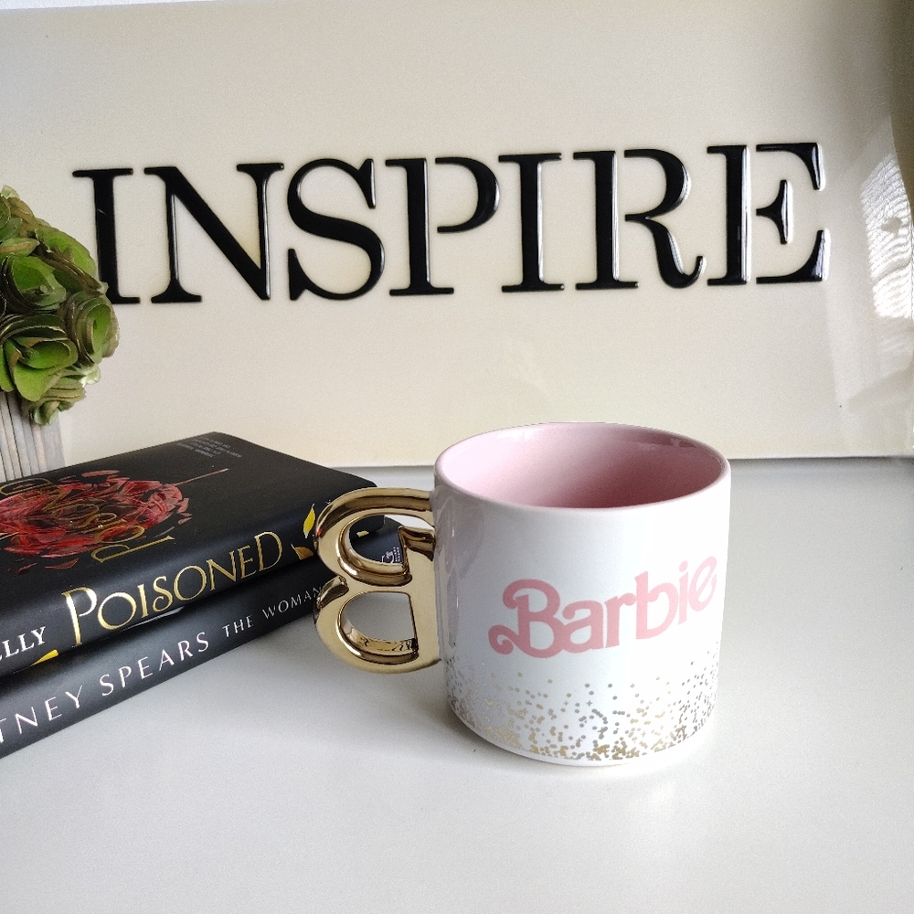 Barbie Ceramic Mug | White with Pink “Barbie” Text & Gold Handle | 17 oz - Picture 6 of 7